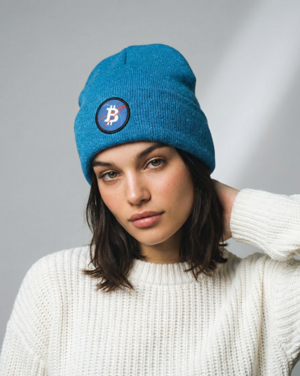 Gorro Bitcoin NASA beanie celeste modelo frente - Bitnaria