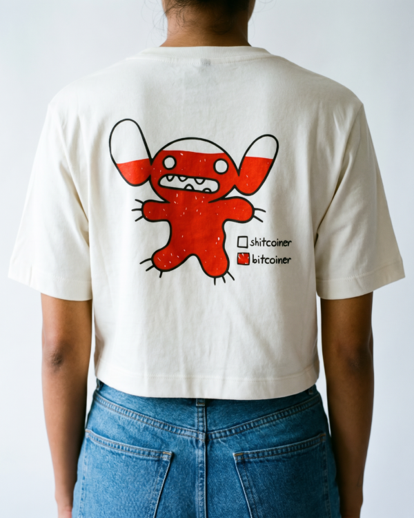 Crop Top Mujer Bitcoin The Orange Creature blanca espalda con diseño stich - Bitnaria