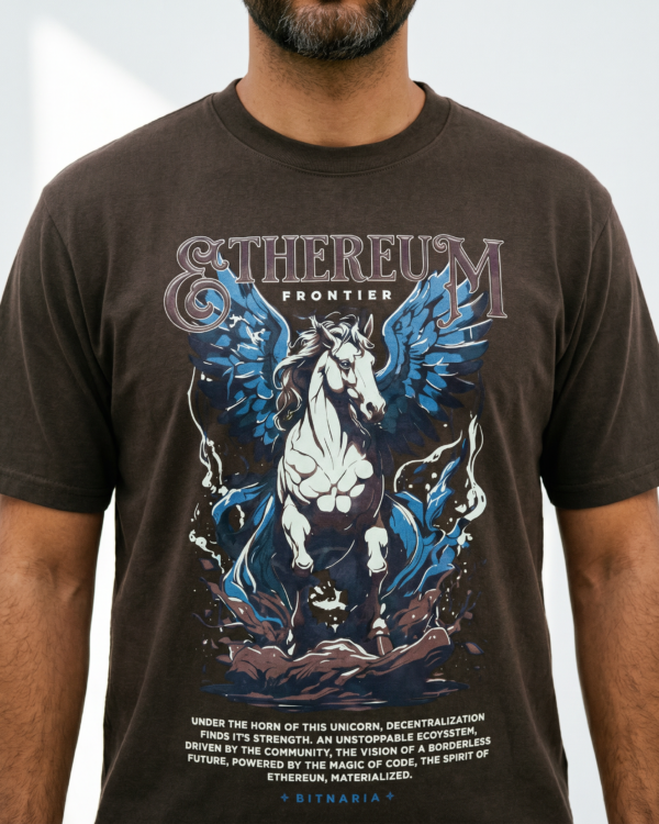 Remera Oversize Ethereum The Ethereum Frontier marrón con diseño unicornio - Bitnaria
