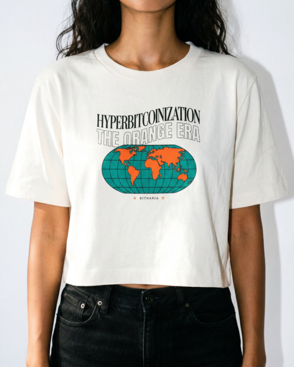 Crop top mujer Bitcoin The Orange Era blanca con diseño de planeta - Bitnaria