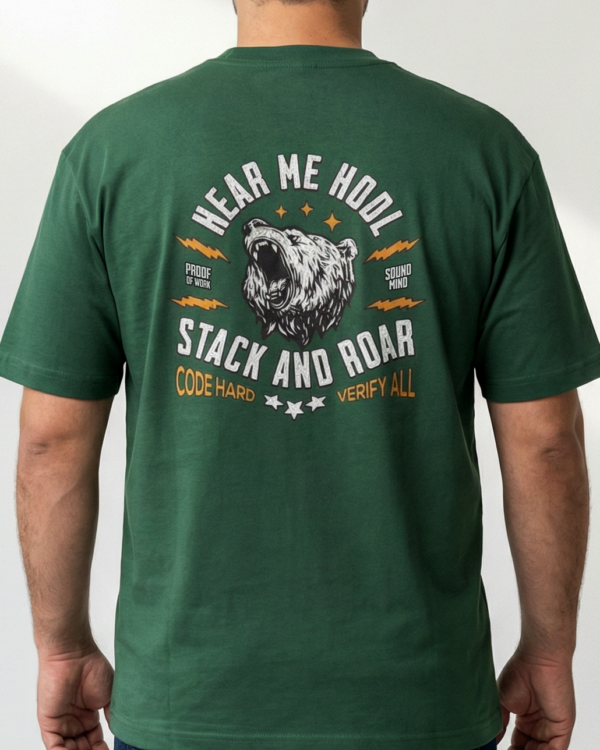 Remera oversize bitcoin hear me hodl verde con diseño oso - Bitnaria